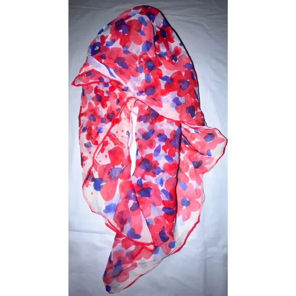 Vintage Vera Neumann Scarf - Sheer - Ladybug signed - Red & Blue Flowers
